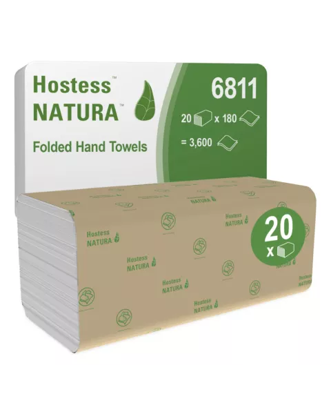 Hostess™ NATURA™ Folded Hand Towels 6811 - 20 packs x 180 white, 2 ply sheets