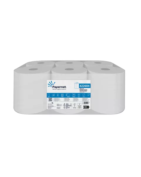 Centrefeed paper roll, white 6 rolls per case, 400 sheets per case