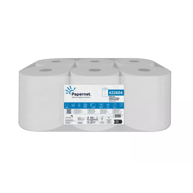 Centrefeed paper roll, white 6 rolls per case, 400 sheets per case